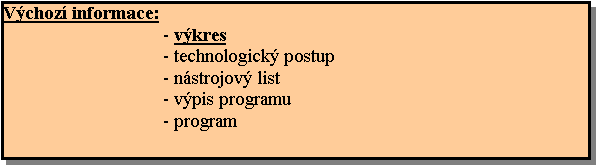 Textov pole: Vchoz informace:- vkres- technologick postup- nstrojov list- vpis programu- program
