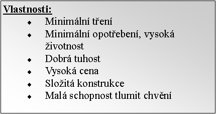 Textov pole: Vlastnosti: Minimln tenMinimln opoteben, vysok ivotnostDobr tuhostVysok cenaSloit konstrukceMal schopnost tlumit chvn