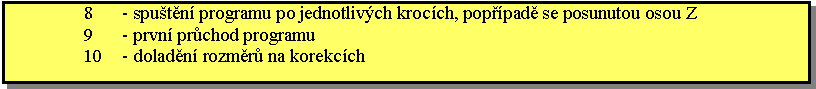 Textov pole: - sputn programu po jednotlivch krocch, poppad se posunutou osou Z- prvn prchod programu- doladn rozmr na korekcch