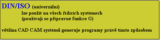 Textov pole: DIN/ISO (univerzln)lze pout na vech dcch systmech(pouvaj se ppravn funkce G)vtina CAD CAM systm generuje programy prv tmto zpsobem