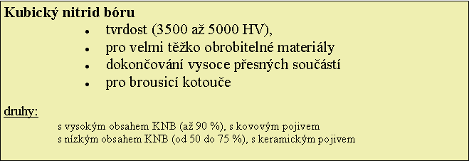 Textov pole: Kubick nitrid brutvrdost (3500 a 5000 HV), pro velmi tko obrobiteln materilydokonovn vysoce pesnch soustpro brousic kotouedruhy:s vysokm obsahem KNB (a 90 %), s kovovm pojivems nzkm obsahem KNB (od 50 do 75 %), s keramickm pojivem