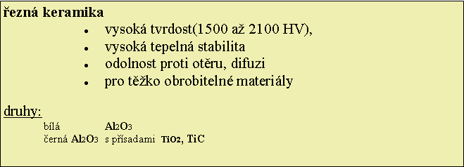 Textov pole: ezn keramikavysok tvrdost(1500 a 2100 HV), vysok tepeln stabilitaodolnost proti otru, difuzipro tko obrobiteln materilydruhy:bl 		Al2O3 ern	Al2O3   s psadami  TiO2, TiC
