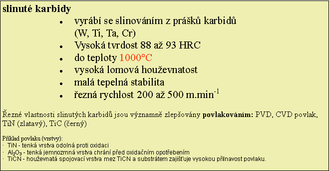 Textov pole: slinut karbidyvyrb se slinovnm z prk karbid 
(W, Ti, Ta, Cr)Vysok tvrdost 88 a 93 HRC do teploty 1000Cvysok lomov houevnatostmal tepeln stabilitaezn rychlost 200 a 500 m.min-1 ezn vlastnosti slinutch karbid jsou vznamn zlepovny povlakovnm: PVD, CVD povlak, TiN (zlatav), TiC (ern)Pklad povlaku (vrstvy):   TiN - tenk vrstva odoln proti oxidaci  Al2O3 - tenk jemnozrnn vrstva chrn ped oxidanm opotebenm  TiCN - houevnat spojovac vrstva mez TiCN a substrtem zajiuje vysokou pilnavost povlaku. 