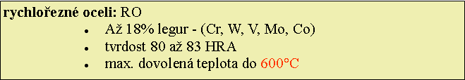 Textov pole: rychloezn oceli: ROA 18% legur - (Cr, W, V, Mo, Co)tvrdost 80 a 83 HRA max. dovolen teplota do 600C