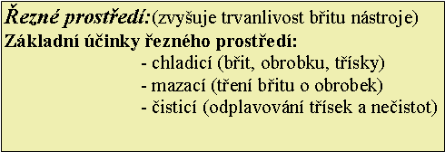 Textov pole: ezn prosted:(zvyuje trvanlivost bitu nstroje)Zkladn inky eznho prosted:- chladic (bit, obrobku, tsky)- mazac (ten bitu o obrobek)- istic (odplavovn tsek a neistot)