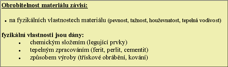 Textov pole: Obrobitelnost materilu zvis:na fyziklnch vlastnostech materilu (pevnost, tanost, houevnatost, tepeln vodivost)fyzikln vlastnosti jsou dny:chemickm sloenm (legujc prvky)tepelnm zpracovnm (ferit, perlit, cementit)zpsobem vroby (tskov obrbn, kovn)