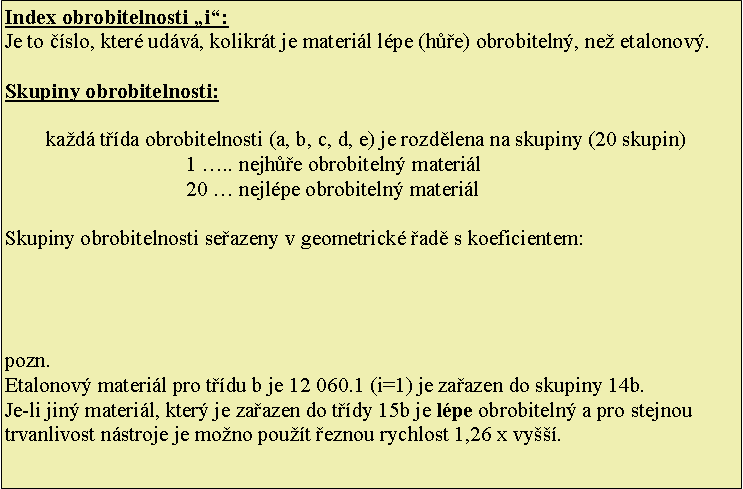 Textov pole: Index obrobitelnosti i:Je to slo, kter udv, kolikrt je materil lpe (he) obrobiteln, ne etalonov.Skupiny obrobitelnosti: kad tda obrobitelnosti (a, b, c, d, e) je rozdlena na skupiny (20 skupin) 1 .. nejhe obrobiteln materil20  nejlpe obrobiteln materilSkupiny obrobitelnosti seazeny v geometrick ad s koeficientem:pozn.Etalonov materil pro tdu b je 12 060.1 (i=1) je zaazen do skupiny 14b.Je-li jin materil, kter je zaazen do tdy 15b je lpe obrobiteln a pro stejnou trvanlivost nstroje je mono pout eznou rychlost 1,26 x vy.